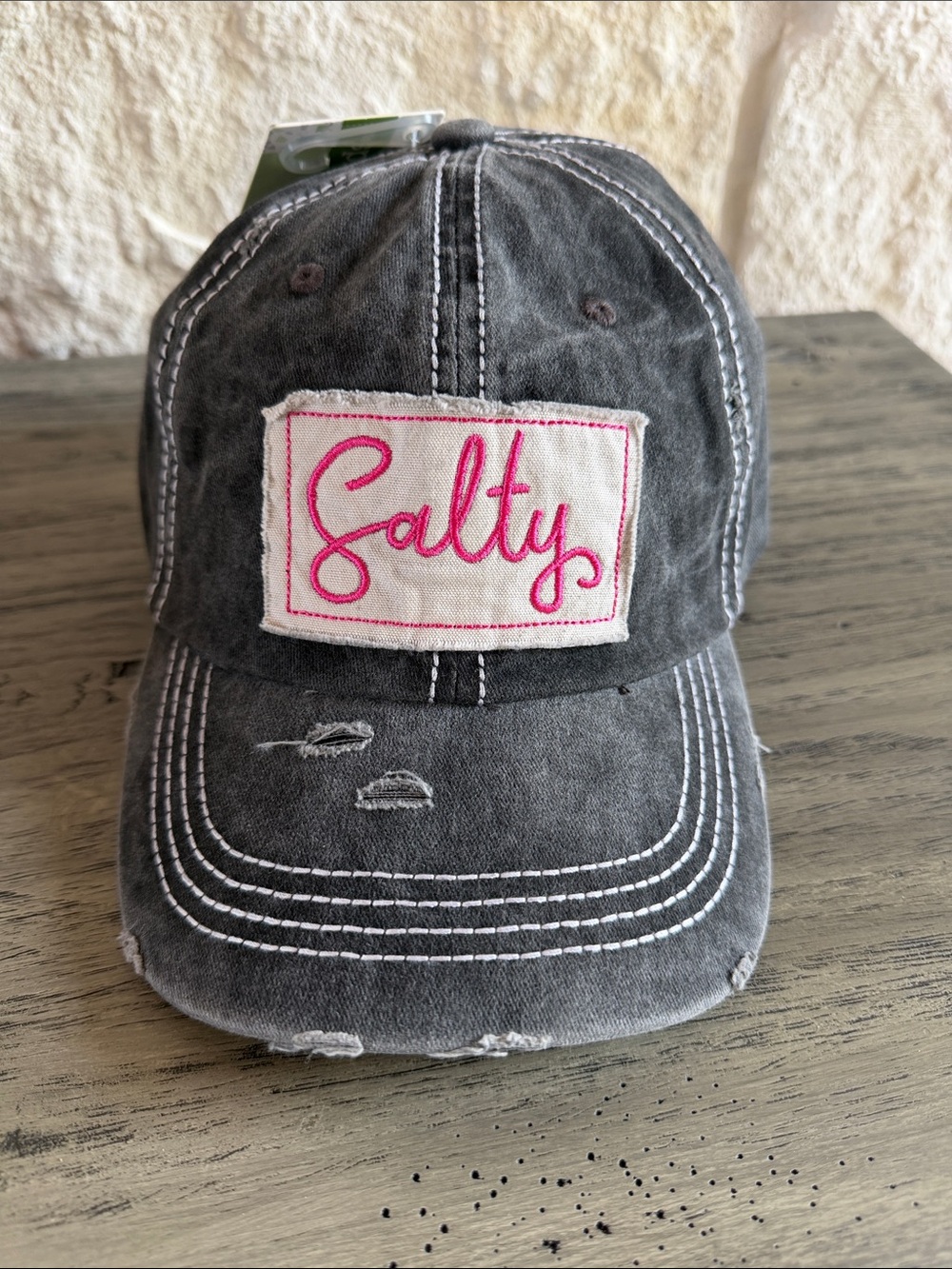 Women’s Grey Distressed Adjustable Baseball Hat with Pink 'Salty' Patch NWT